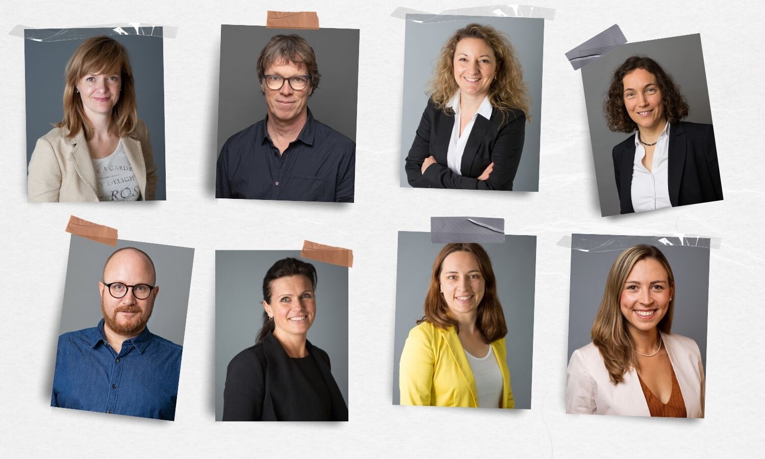 Porträtfotos von acht Mitarbeitenden des EPV – zum Team